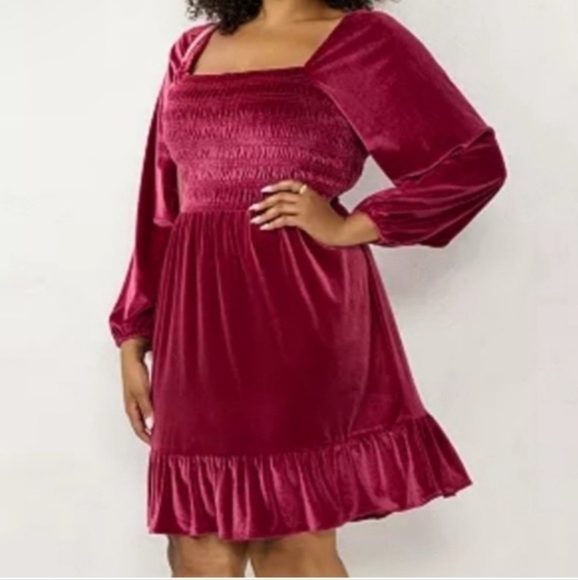 NWT Lauren Conrad Berry Wine Red Velvet Babydoll Smocked Dress Long Sleeve XLP - Picture 5 of 12